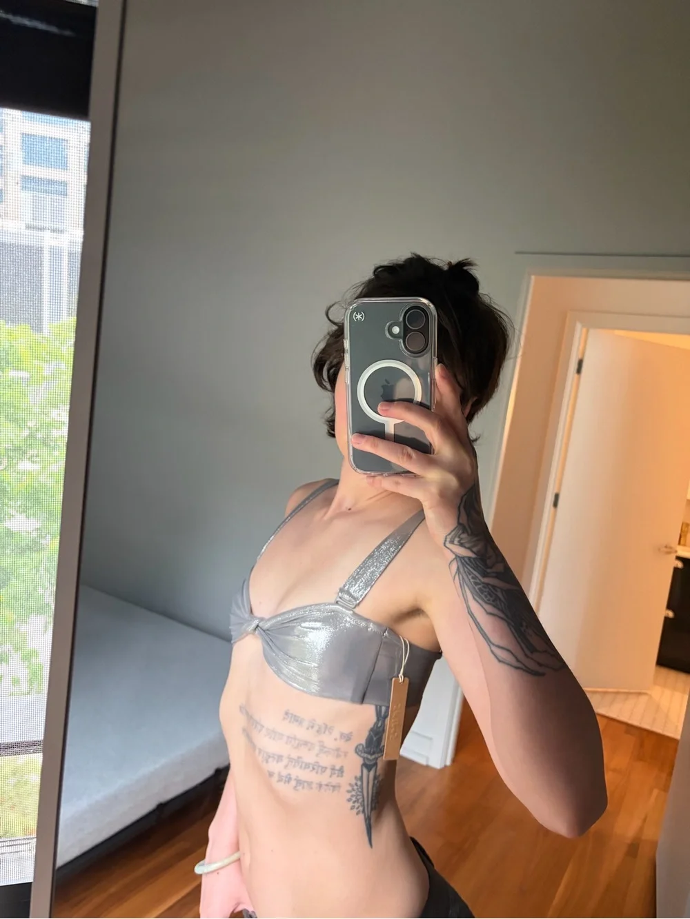 SKIMS Liquid Shine Bikini Top in Smoke